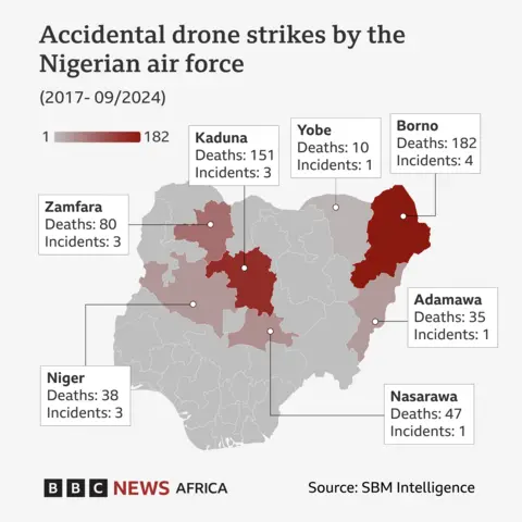 A map of Nigeria, showing where accidental drone strikes have occurred - there have been 182 deaths in Borno and 151 in Kaduna