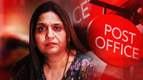 BBC Montage showing Seema Misra and the Post Office logo