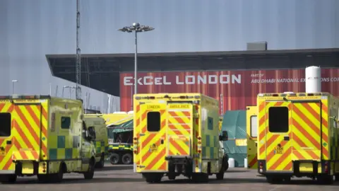 PA Media Ambulances outside the NHS Nightingale Hospital at the ExCel centre in London,