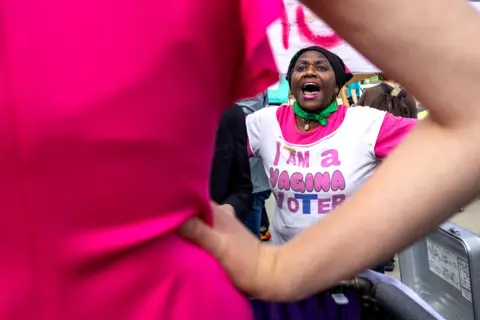 Evelyn Hockstein/REUTERS Nadine Seiler, an abortion rights demonstrator, shouts at an anti-abortion demonstrator during a protest in Washington, U.S., April 24, 2024.