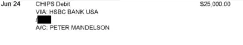 US Department of Justice A screenshot of a bank transaction of $25,000 to Peter Mandelson.