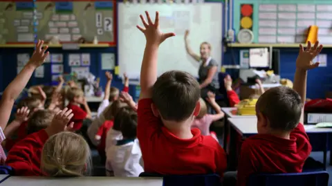 Children sit in a primary school classroom with several pupils raising their hands while a teacher stands at the front near an interactive whiteboard. School displays and learning materials can be seen around the room.