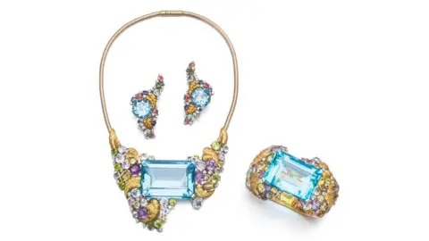 PA Shirley Bassey's aquamarine, sapphire, diamond and gemset set, estimated to sell for between 60,000 and 70,000 EUR at Sotheby's, Paris, on October 10. Highlights from the collection will be exhibited in Sotheby's, London, from May 24 to 29 before it exhibits in Paris from October 4 prior to the live auction.