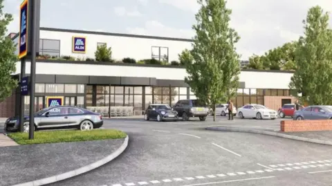 Aldi An artist's impression of the former design for the new store, showing the shopfront, some cars in the car park and trees.