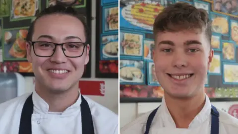 John Fairhall/BBC A composite picture of two images side by side. On the left is Leo who is looking directly at the camera and smiling. He is wearing chef whites with a black apron over the top. He is also wearing black framed glasses. On the right is Liam who is smiling, with a thick light brown fringe.