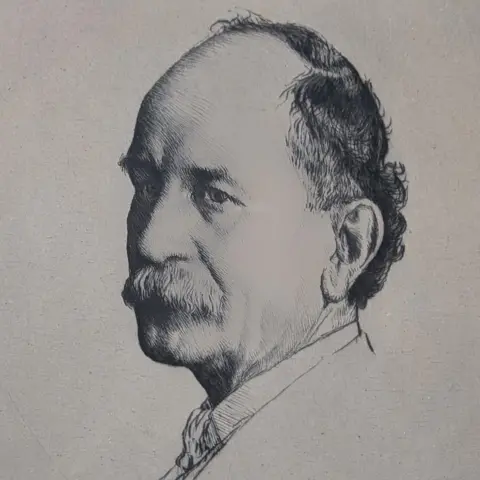 Lucinda MacPherson A black ink drawing of Sir Emery Walker on a grey background
