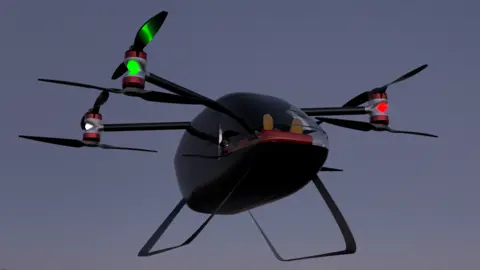 CraneAero A prototype vertical take-off and landing aircraft with four separate rotors flying in what appears to be under test conditions. The aircraft looks like a helicopter but with four separate rotors instead of one big one.