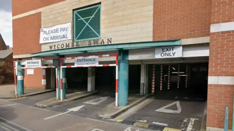 The outside of the Swan Car Park in High Wycombe. The building is a multi-storey car park which is attached to the Wycombe Swan theatre.