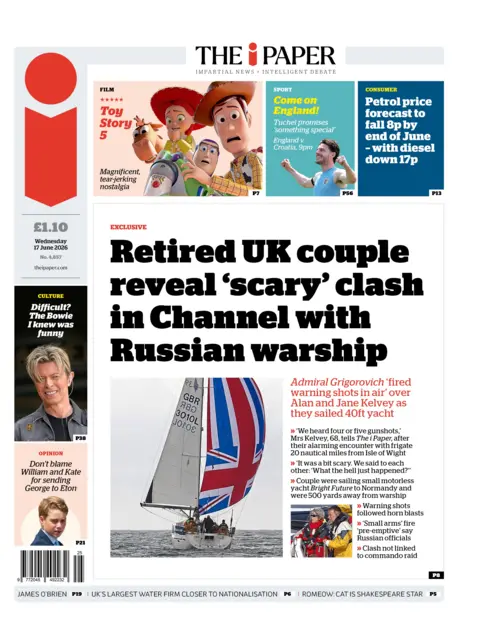 The headline on the front page of the i Paper reads: “Retired UK couple reveal 'scary' clash in Channel with Russian warship”.