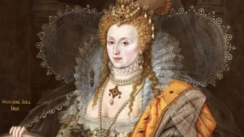 The Rainbow Portrait of Queen Elizabeth I showing her wearing pearls, decorations in her hair and historical clothing