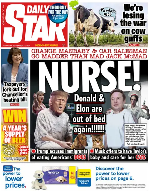 The Daily Star headline reads: Nurse! Donald and Elon are out of bed again!!!!!!