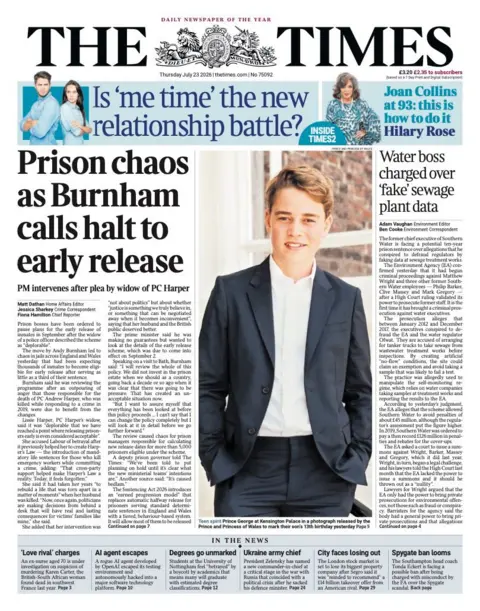 The headline on the front page of the Times reads: “Prison chaos as Burnham calls halt to early release”.