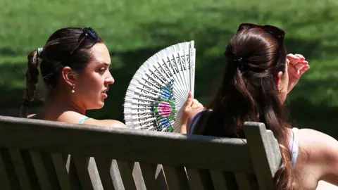 EPA A woman uses a fan to cool down at a park in London, Britain, 24 June 2026. 