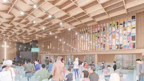 Hodson Architects A CGI impression of the remodelled glass mural inside the new church space.