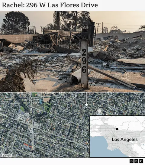 Illustration of a map and photo of Rachel's destroyed home