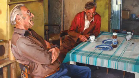 Kieron Williamson A Kieron Williamson painting depicting two older men chatting at a dining table, with tea cups, empty plates and a bottle of brown sauce on top.