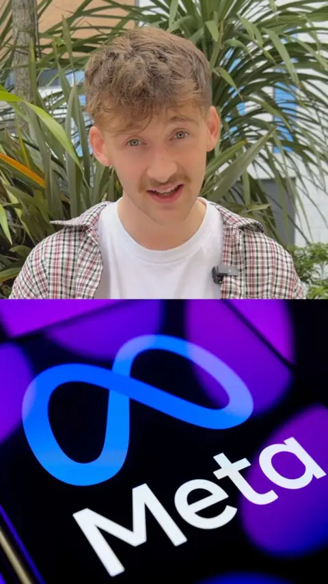 Male with brown hair with leaves in background and below is a Meta logo on a phone with purple lights shining on it. 