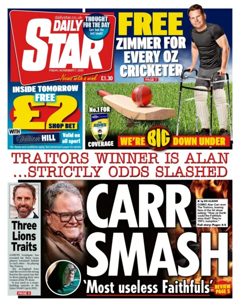 "Traitors winner is Alan... strictly odds slashed," reads the headline on the front page of the Daily Star