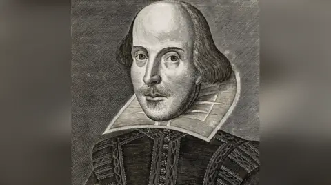 A black and white portrait of William Shakespeare from the title page of the First Folio of Shakespeare's plays.