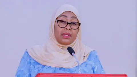 Tanzania State House President Samia Suhulu Hassan speaks into a microphone at a press briefing while wearing a blue dress.