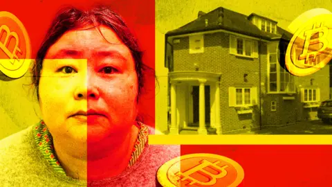A red and white designed image - a composite of a mugshot of Qian Zhemin, who has dark hair tied back and is wearing a grey jumper, images of Bitcoin, and the Hampstead mansion with white pillars in its porch which she rented while in London.