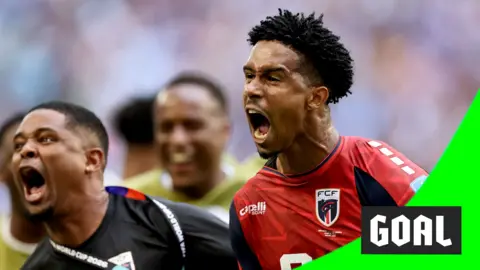 Kevin Pina celebrates scoring the first goal for Cape Verde against Uruguay in the 2026 World Cup.
