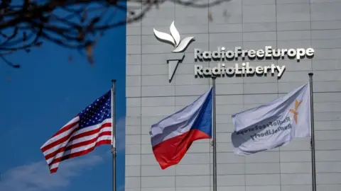 US and Czech flags outside the Prague HQ of Radio Free Europe/Radio Liberty (file photo)