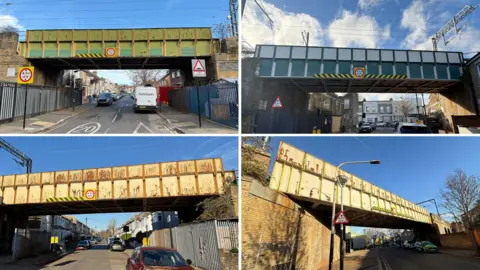 Composite image shows four rusting bridges, the top two are green, the bottom two white