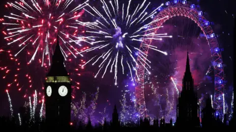 Purple, pink and white fireworks explode over Big Ben and the London Eye