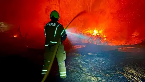 Shefford Community Fire Station A night-time image of a bright glowing orange forest, with flames being tackled by a firefighter wearing hi-vis clothing in the foreground.