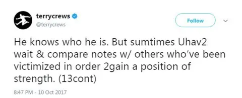 Twitter "He knows who he is. But sumtimes Uhav2 wait & compare notes w/ others who've been victimized in order 2gain a position of strength. (13cont)"