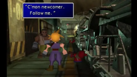 Square Enix Screenshot shows two simple, polygonal characters in a train station setting. A dialogue box at the top of the screen reads: "C'mon newcomer, follow me". The characters are rendered in 3D but the background is a static 2D image.