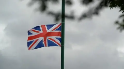 A union flag attached on a lamppost. Tree branches can be seen. It is a cloudy day.