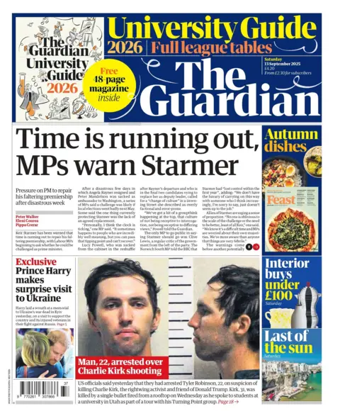The headline on the front page of the Guardian reads: "Time is running out, MPs warn Starmer."