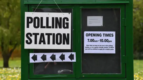 A large green sign has had a white poster with 'polling station' put on it in black write, it states opening times are 07:00 to 10pm and there are arrows pointing the way. Behind the sign is grass and trees.