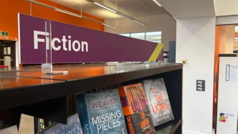 A sign saying Fiction on top of a bookshelf in a library