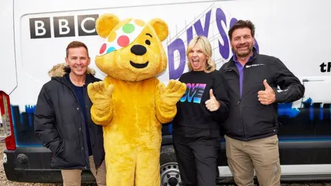 BBC Scott Mills, BBC Children in Need mascot Pudsey Bear, Jo Whiley and Nick Knowles