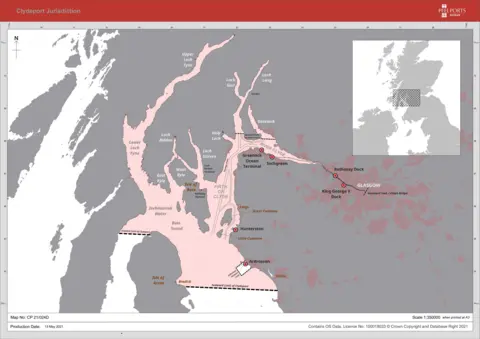 Peel Ports Group Map showing a section of the central belt of Scotland, showing the boundary lines of land owned by Peel Ports. The area stretches from near Brodick, Arran up to Glasgow including the River Clyde, Firth of the Clyde, lower Loch Fyne, Inchmarnock water and Bute sound. Ports of Greenock ocean terminal, Inchgreen dry dock, King George V dock, Rothesay dock, Hunterston and Ardrossan are labelled.