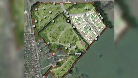 Turley A map of the development site, showing where the houses will be built and where the pathways and roads will be. The map shows an area with mainly green spaces, and houses around it. 