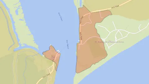 Environment Agency A map of the flood warning in Felixstowe. The flood warning has been detailed in red compared to the surrounding green areas that are not covered in the warning.