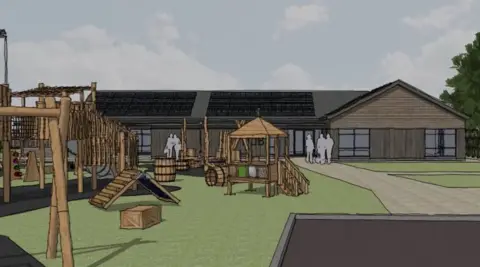 Bilsthorpe Parish Council Artist's impression of the new village hub, a single storey building with a children's playpark outside