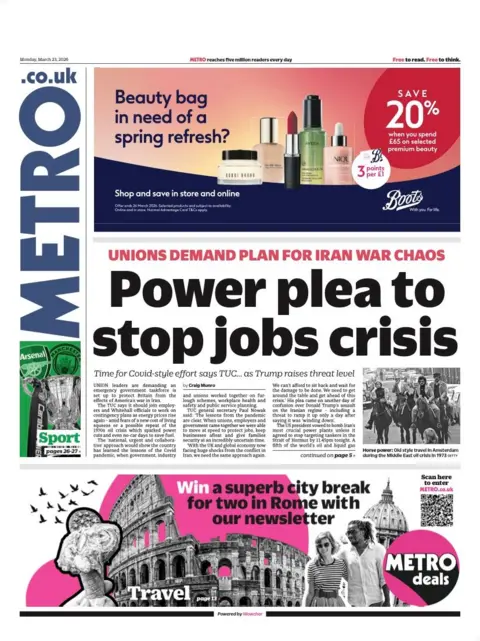 The headline on the front page of the Metro reads: "Power plea to stop jobs crisis."