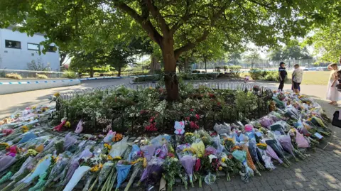 Hundreds of flowers and numerous teddy bears placed in the park. They surround a tree, which is behind a small fence. A small crowd of people have gathered at the scene.