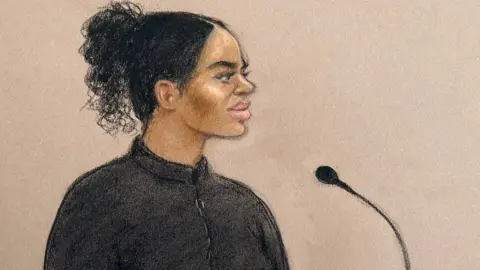 Courtroom sketch showing a woman seated at a witness stand, speaking into a microphone. Papers and a glass of water rest on the desk in front of the witness.
