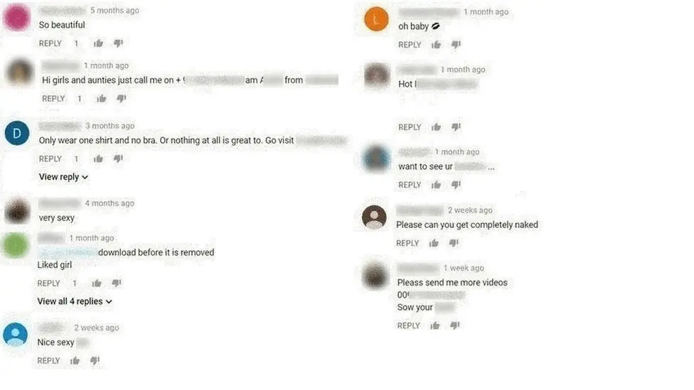 YouTube Some of the comments found and reported on children's videos, which have now been deleted