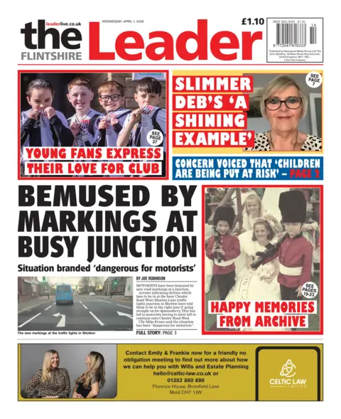 Flintshire Leader Front page of the Flintshire Leader. The headline reads 'Bemused by markings at busy junction'.