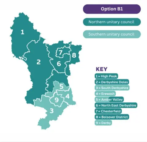 One Derbyshire, Two Councils A map of Derbyshire showing the choice for how to split the county in local government reorganisation.
