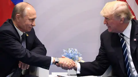 US President Donald Trump and his Russian counterpart Vladimir Putin shake hands