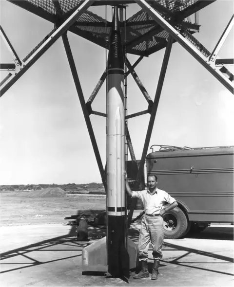 Alamy Frank Malina with a missile at the White Sands missile range, New Mexico, in 1946