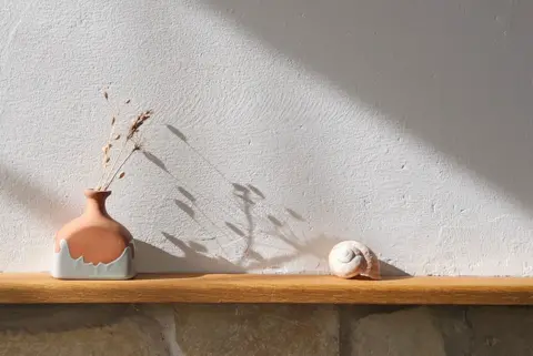 Melvyn Folkard Dried flowers in a vase on a mantlepiece beside a seashell, with a white wall behind them